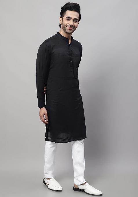 Black Solid Cotton Kurta For Men