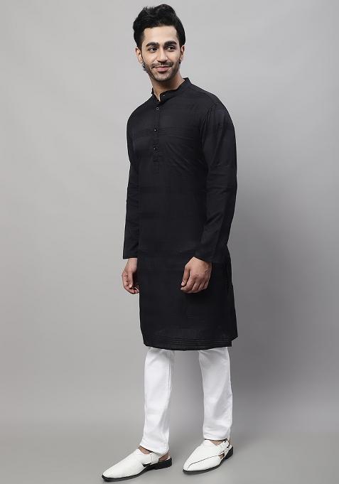 Black Solid Cotton Kurta For Men