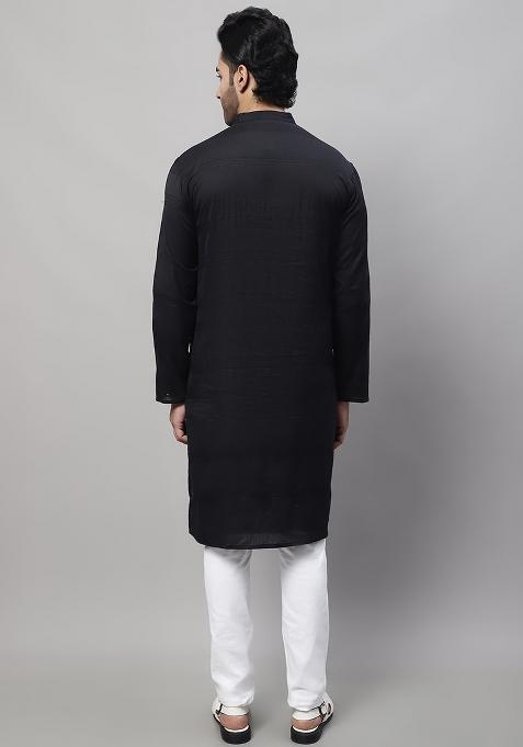 Black Solid Cotton Kurta For Men