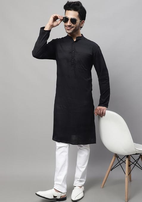 Black Solid Cotton Kurta For Men