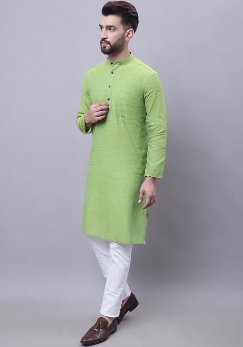 Green Solid Cotton Kurta For Men