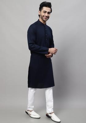 Blue Solid Cotton Kurta For Men