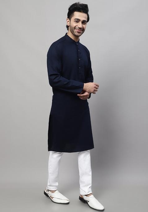 Blue Solid Cotton Kurta For Men