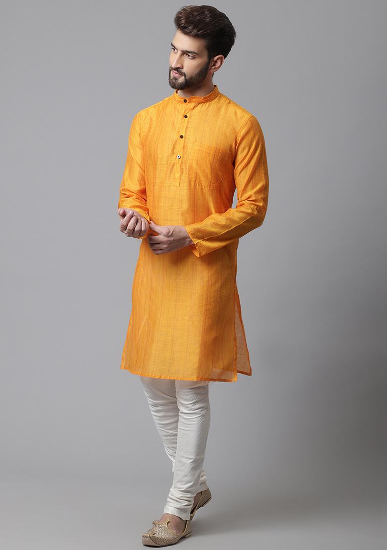 Yellow Solid Silk Kurta For Men