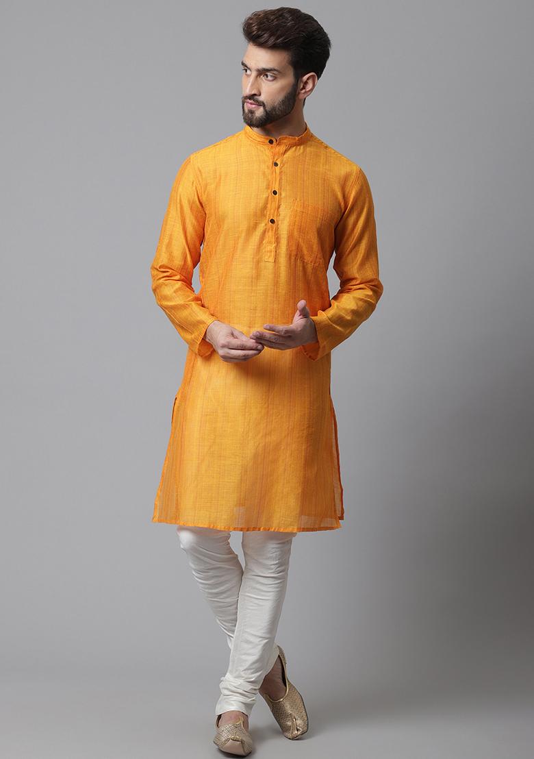 Yellow Solid Silk Kurta For Men