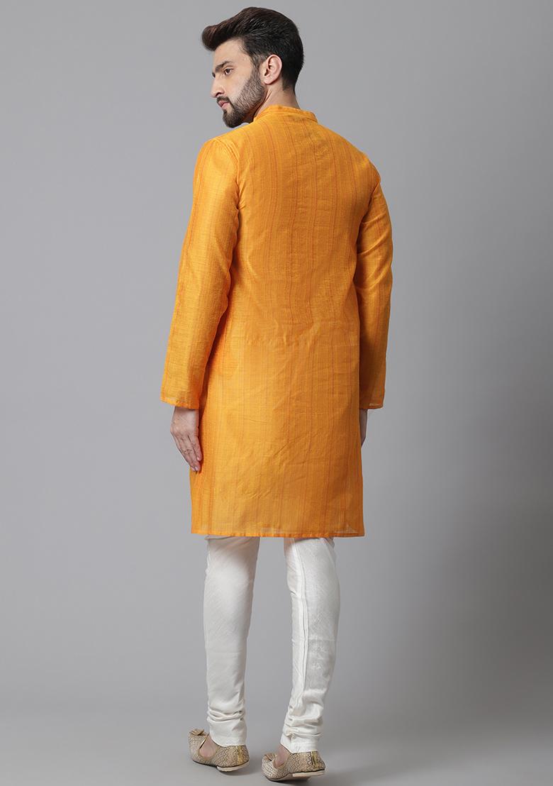 Yellow Solid Silk Kurta For Men