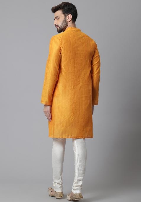 Yellow Solid Silk Kurta For Men