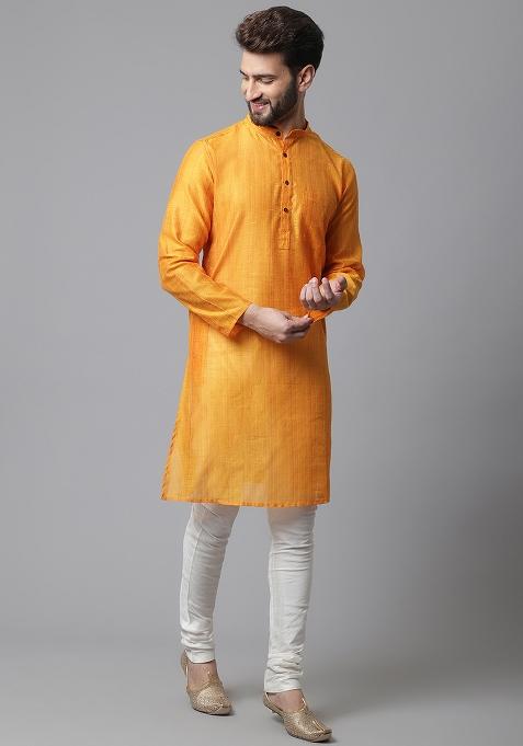 Yellow Solid Silk Kurta For Men