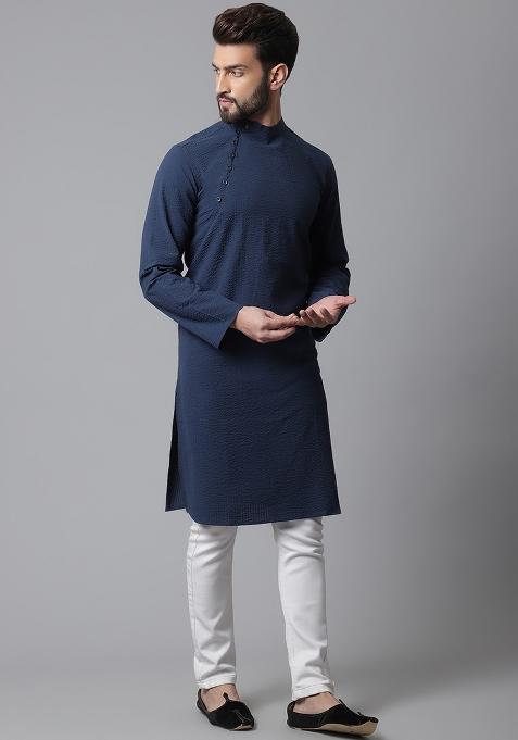 Blue Solid Cotton Kurta For Men