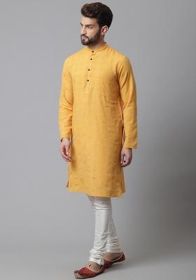Yellow Solid Silk Kurta For Men