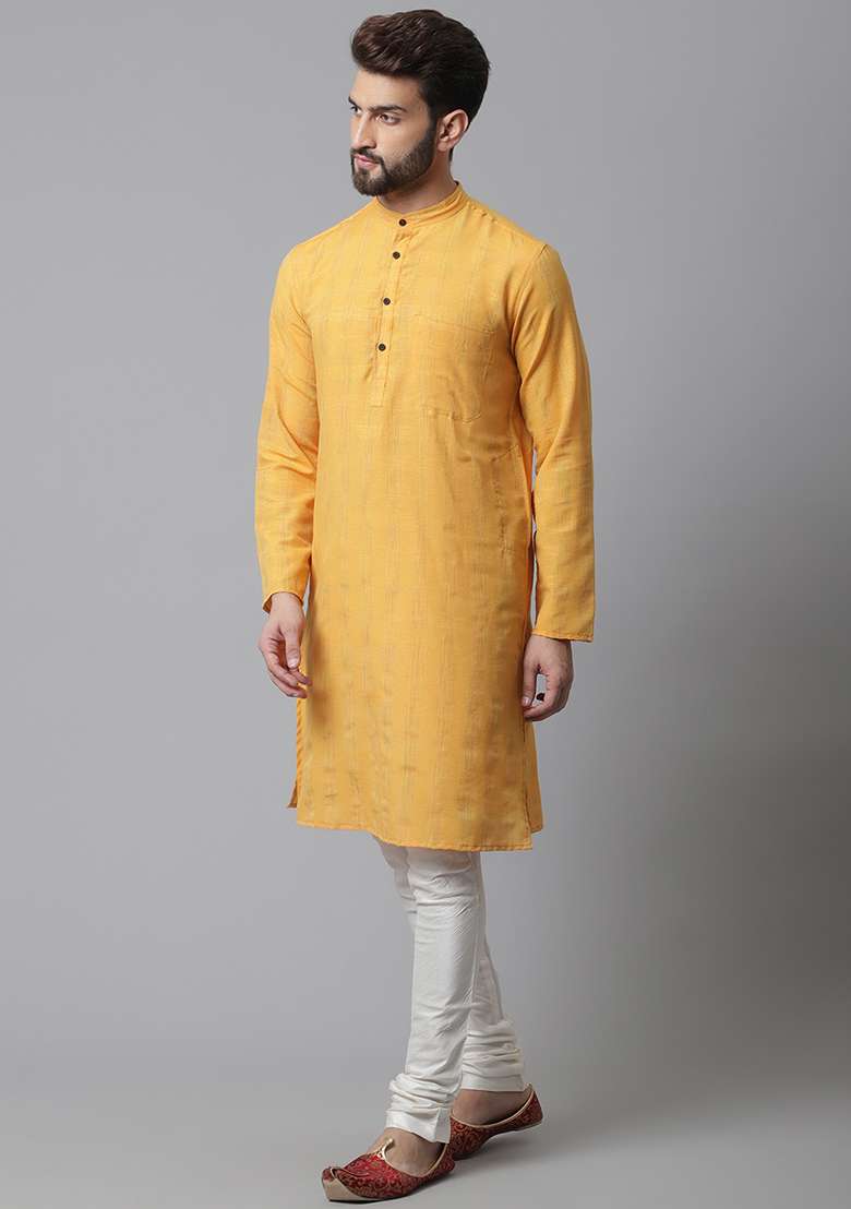 Yellow Solid Silk Kurta For Men - Indya