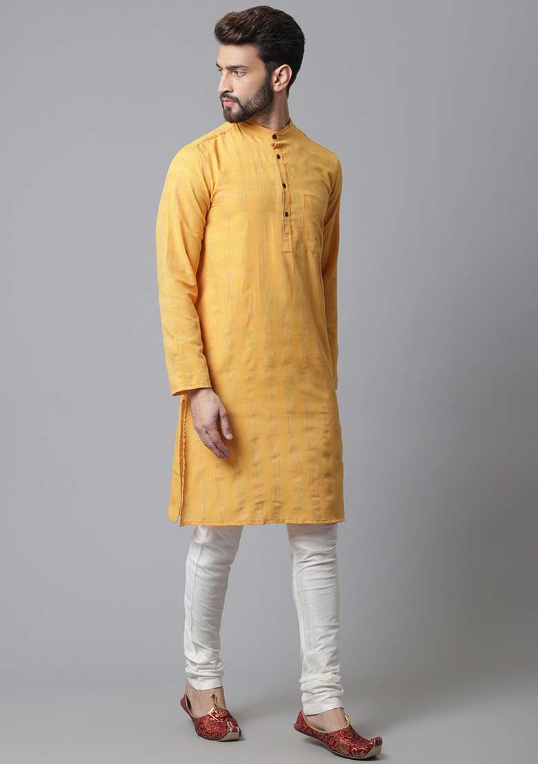Yellow Solid Silk Kurta For Men - Indya