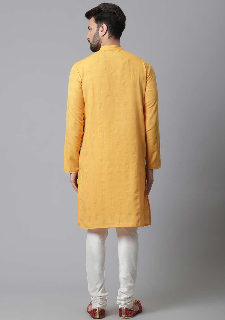 Yellow Solid Silk Kurta For Men - Indya