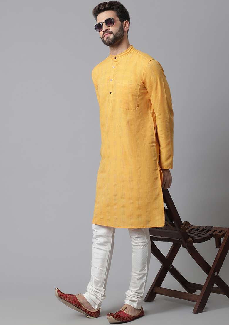 Yellow Solid Silk Kurta For Men - Indya