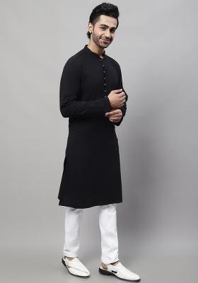 Black Solid Cotton Kurta For Men