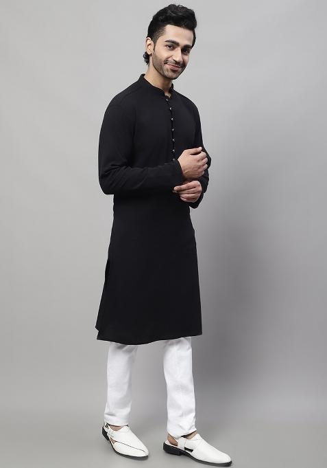 Black Solid Cotton Kurta For Men