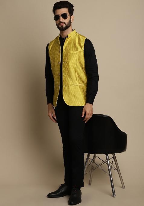 Yellow Solid Art Silk Nehru Jacket For Men
