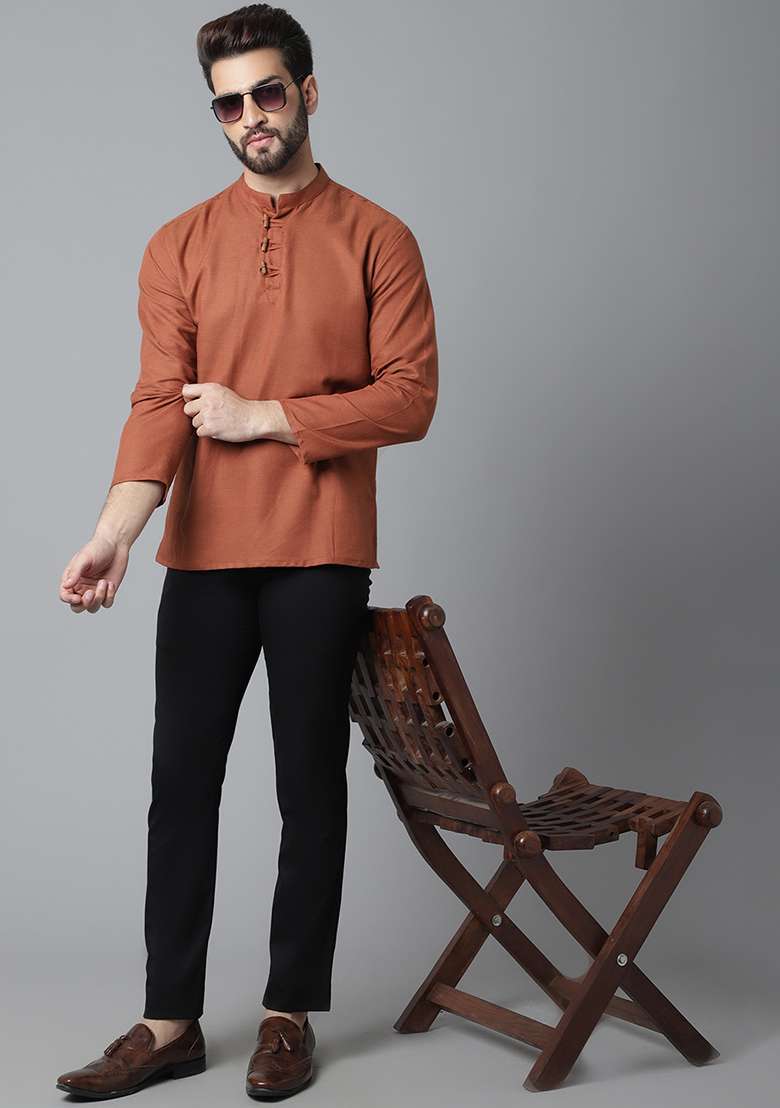 Rust Solid Cotton Kurta For Men - Indya