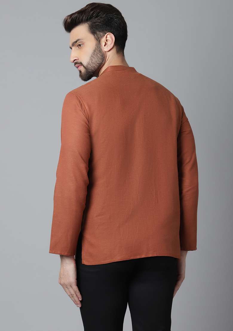 Rust Solid Cotton Kurta For Men - Indya