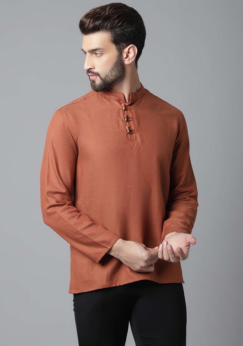 Rust Solid Cotton Kurta For Men - Indya