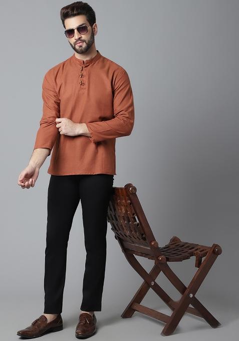 Rust Solid Cotton Kurta For Men