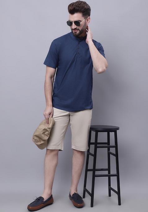Blue Solid Cotton Kurta For Men
