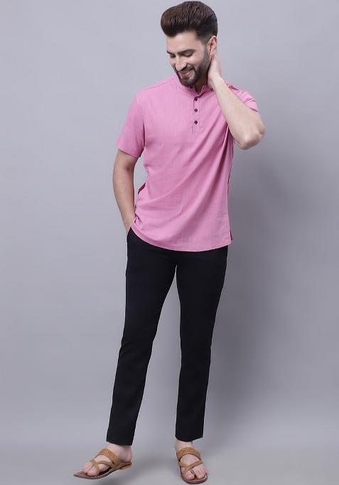 Pink Solid Cotton Kurta For Men