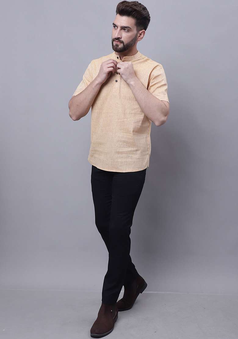 Beige Solid Cotton Kurta For Men - Indya