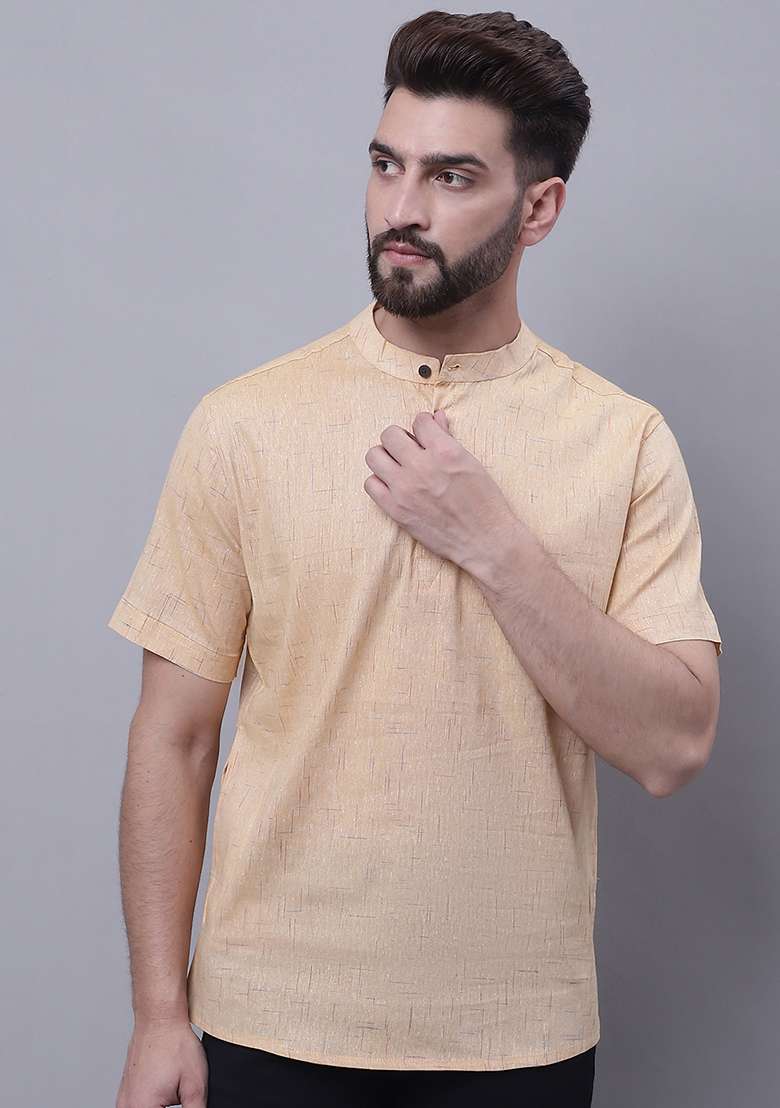 Beige Solid Cotton Kurta For Men - Indya