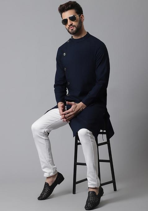 Blue Solid Cotton Kurta For Men