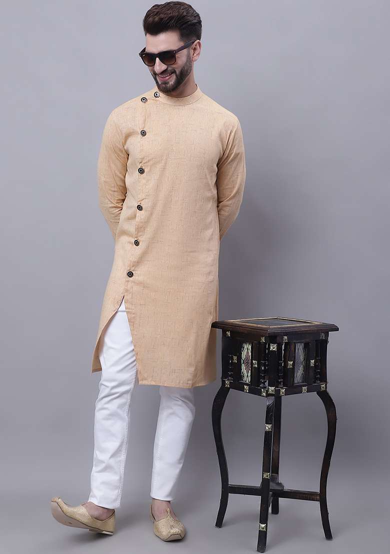 Beige Solid Cotton Kurta For Men - Indya