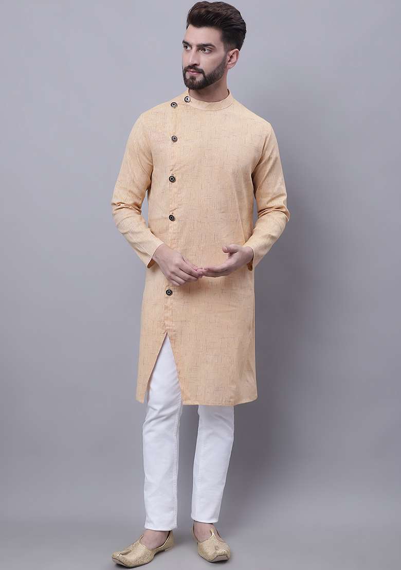 Beige Solid Cotton Kurta For Men - Indya