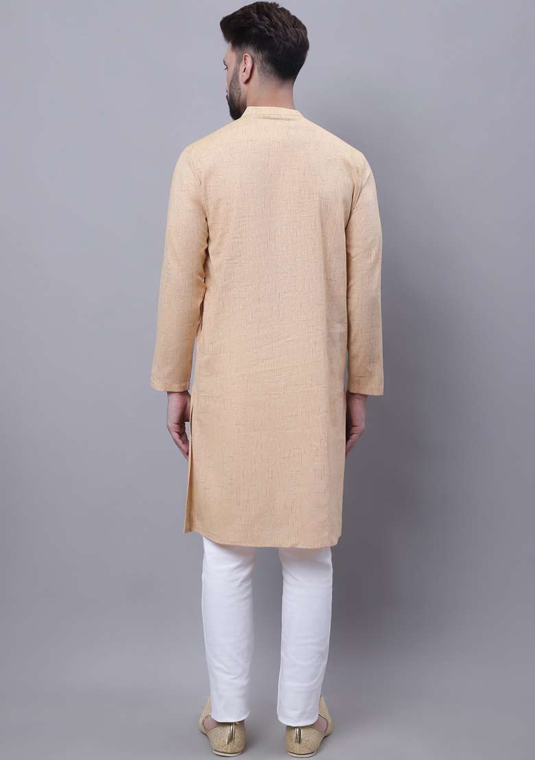 Beige Solid Cotton Kurta For Men - Indya