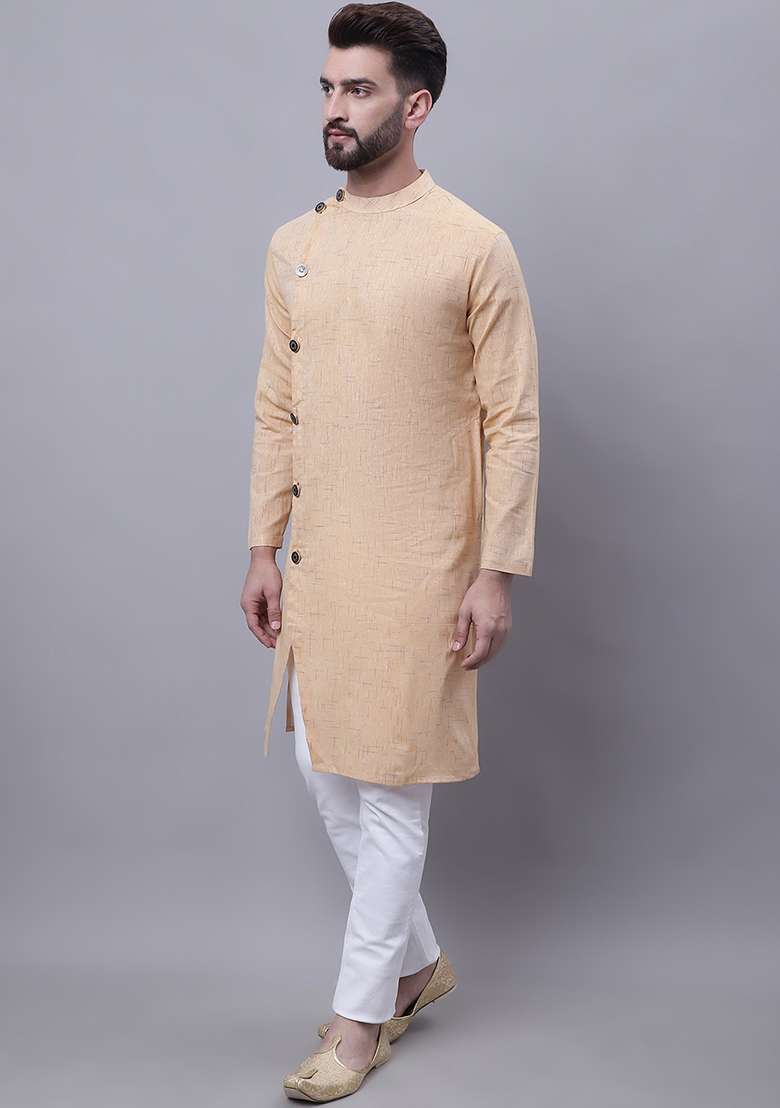 Beige Solid Cotton Kurta For Men - Indya