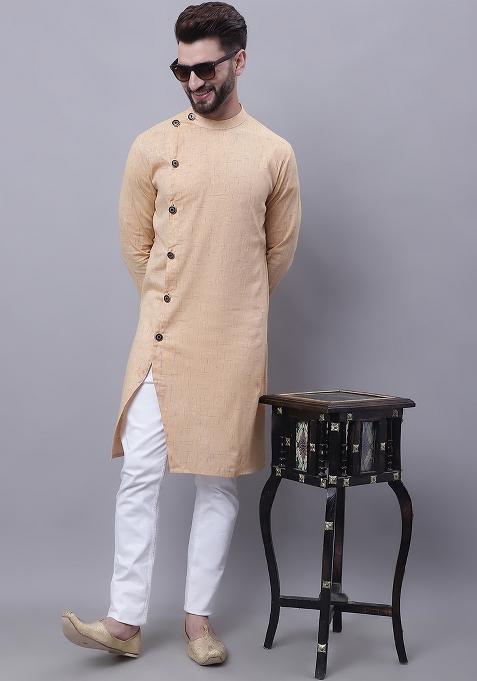 Beige Solid Cotton Kurta For Men