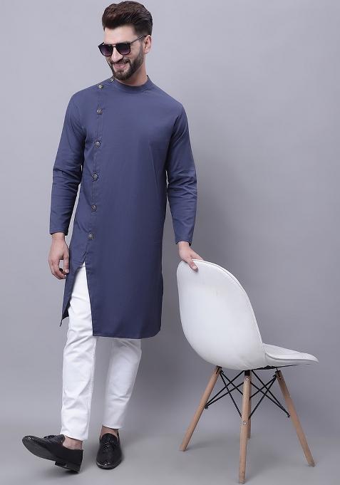 Grey Solid Cotton Kurta For Men