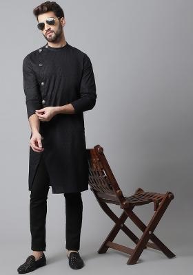 Black Solid Cotton Kurta For Men