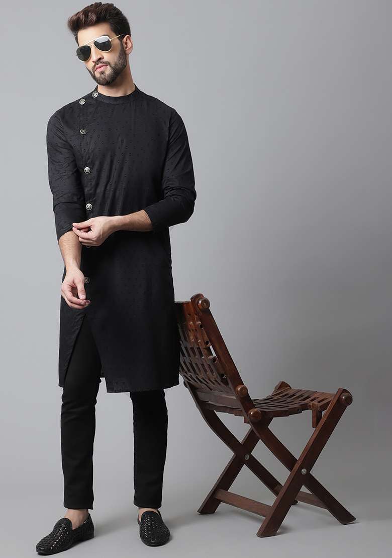 Black Solid Cotton Kurta For Men - Indya