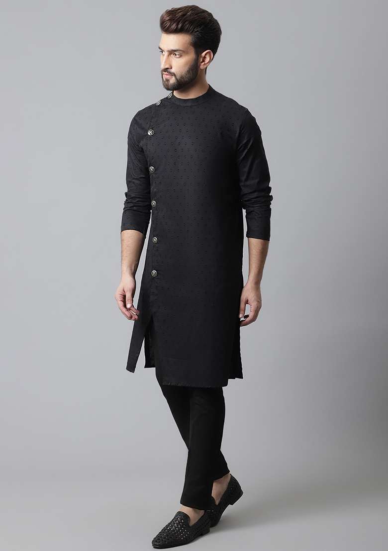 Black Solid Cotton Kurta For Men - Indya