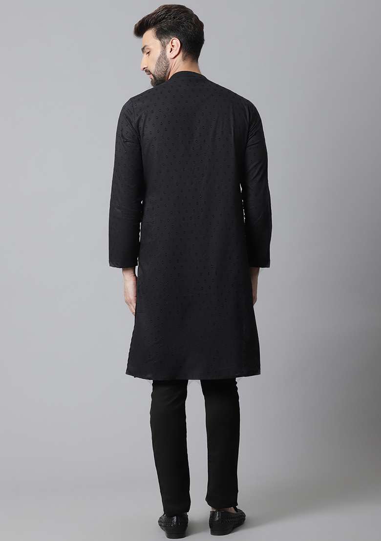 Black Solid Cotton Kurta For Men - Indya