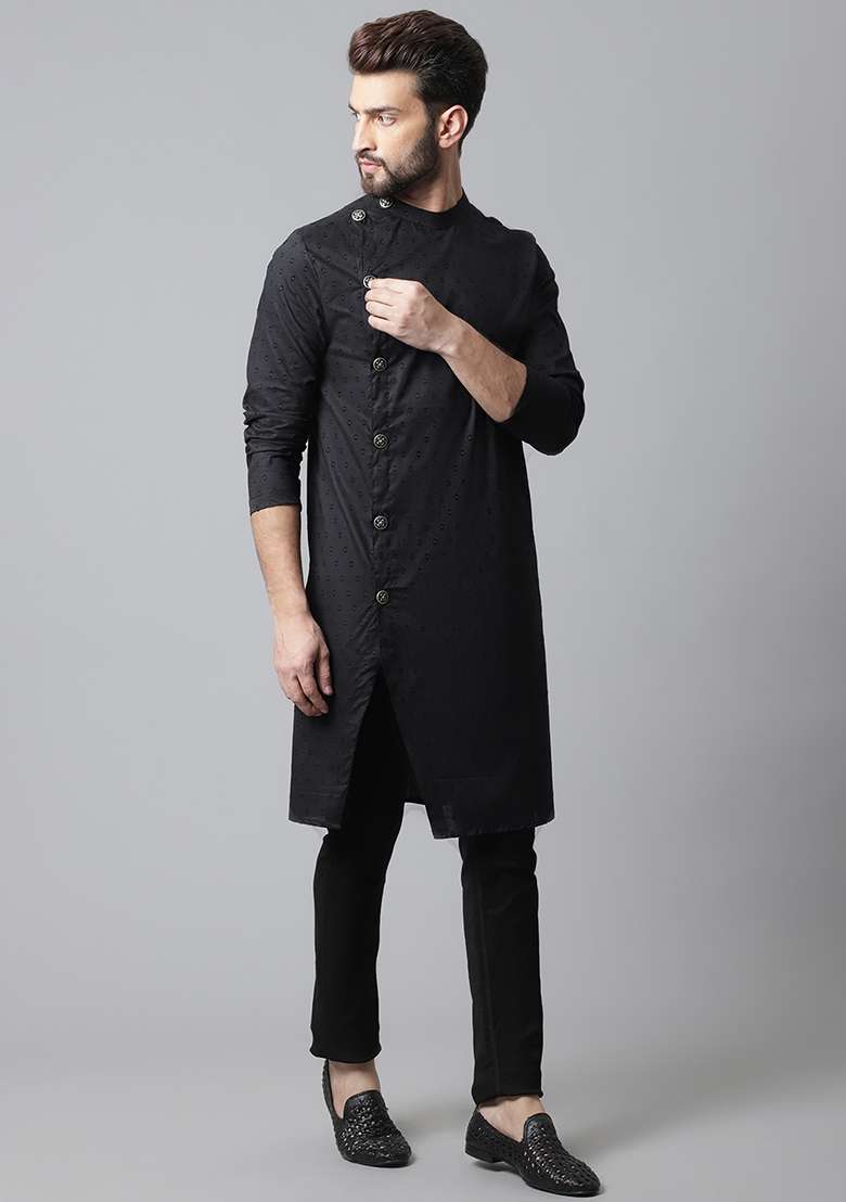 Black Solid Cotton Kurta For Men - Indya