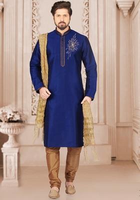 Royal Blue Machine Embroidered Silk Kurta For Men
