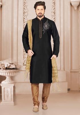 Black Machine Embroidered Silk Kurta For Men