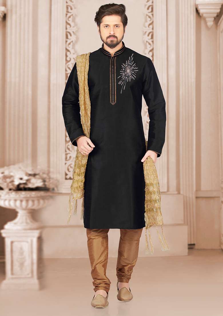 Black Machine Embroidered Silk Blend Kurta For Men - Indya