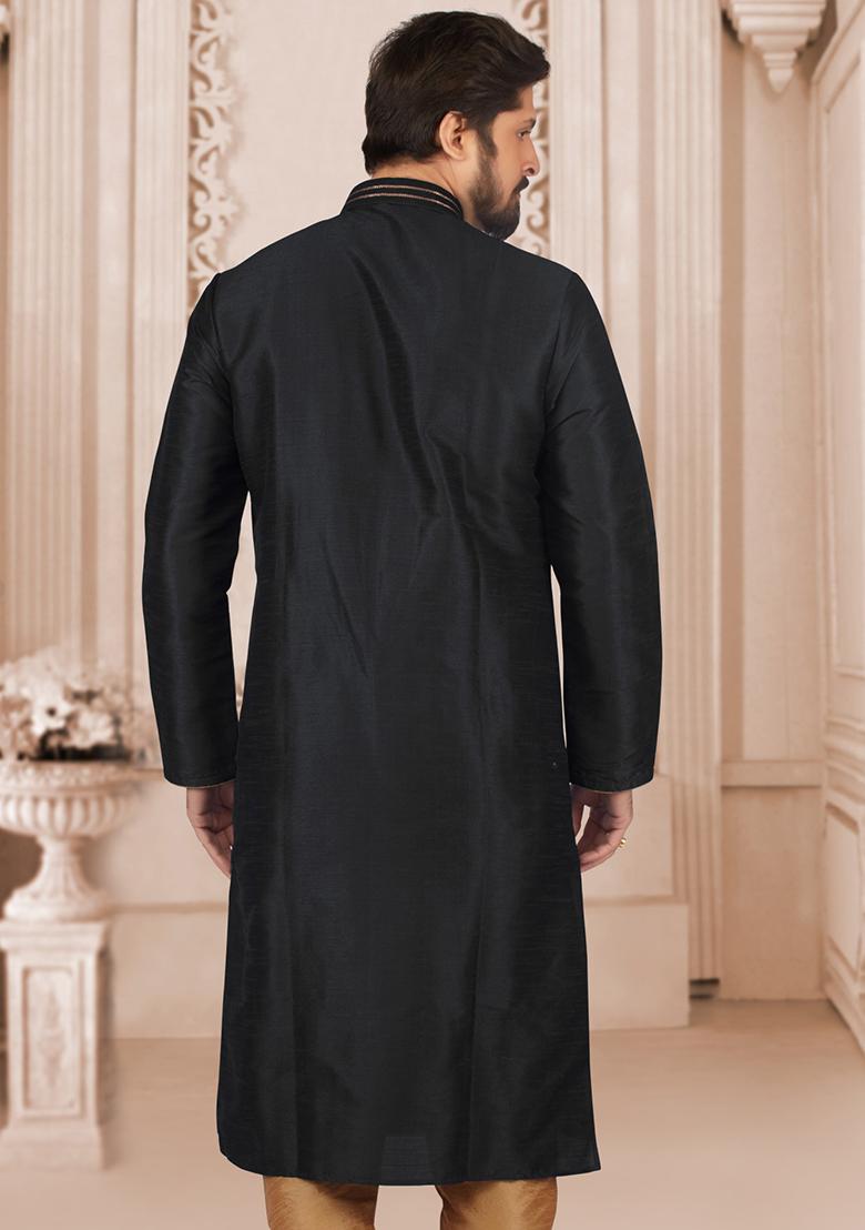 Black Machine Embroidered Silk Kurta For Men
