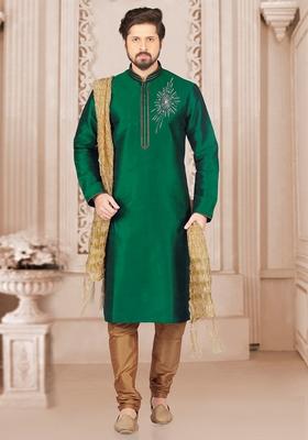 Green Machine Embroidered Silk Kurta For Men