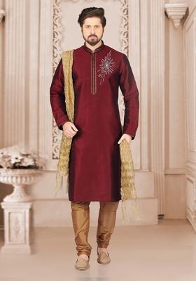 Maroon Machine Embroidered Silk Kurta For Men