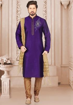 Violet Machine Embroidered Silk Kurta For Men