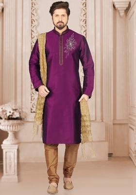 Purple Machine Embroidered Silk Kurta For Men