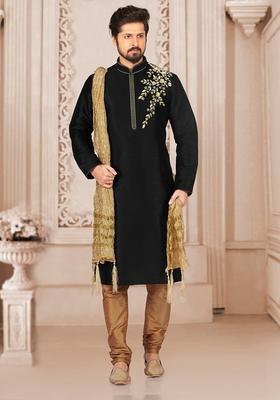 Black Machine Embroidered Silk Kurta For Men